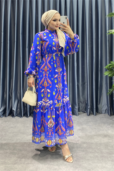 Desenli Şifon Elbise 