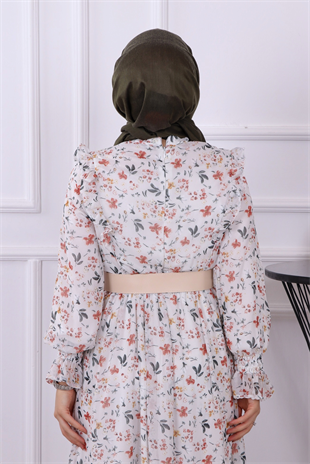 Desenli Şifon Elbise Beyaz