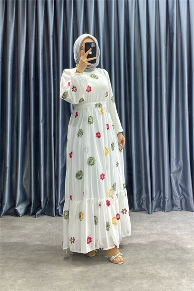 Desenli Şifon Elbise Beyaz