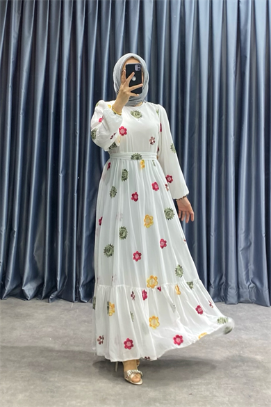 Desenli Şifon Elbise Beyaz