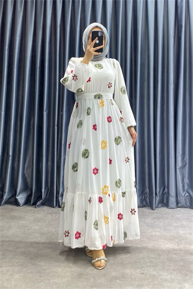 Desenli Şifon Elbise Beyaz