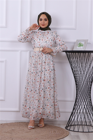 Desenli Şifon Elbise Beyaz