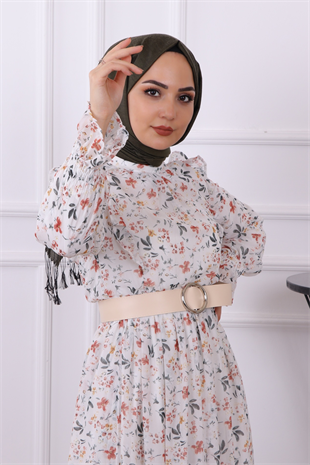 Desenli Şifon Elbise Beyaz