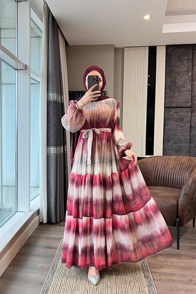 Desenli Şifon Elbise Bordo