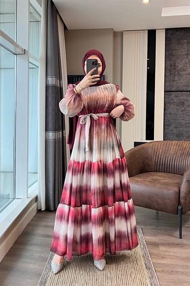 Desenli Şifon Elbise Bordo