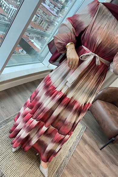 Desenli Şifon Elbise Bordo