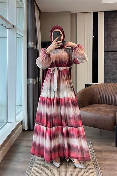 Desenli Şifon Elbise Bordo