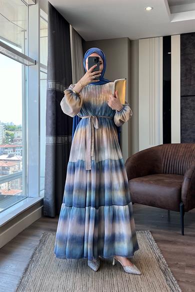 Desenli Şifon Elbise Mavi