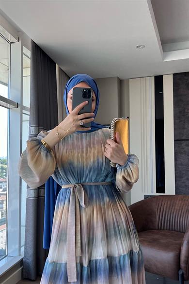 Desenli Şifon Elbise Mavi