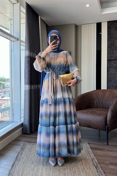 Desenli Şifon Elbise Mavi