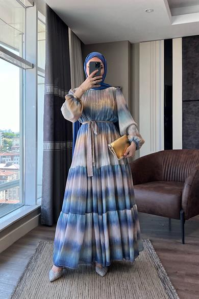 Desenli Şifon Elbise Mavi