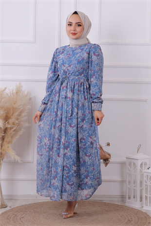 Desenli Şifon Elbise Mavi