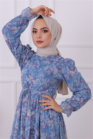 Desenli Şifon Elbise Mavi