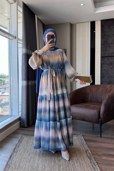 Desenli Şifon Elbise Mavi