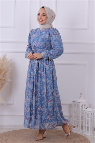 Desenli Şifon Elbise Mavi