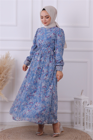 Desenli Şifon Elbise Mavi