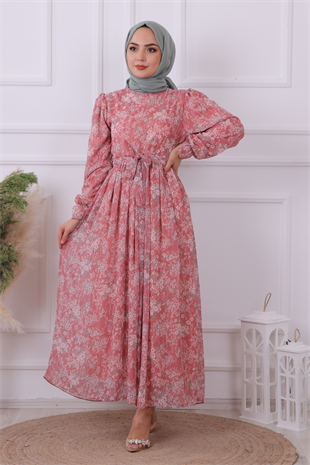 Desenli Şifon Elbise Pembe