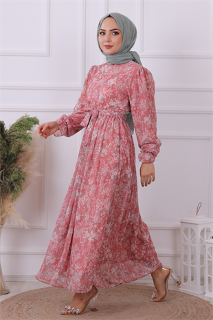 Desenli Şifon Elbise Pembe