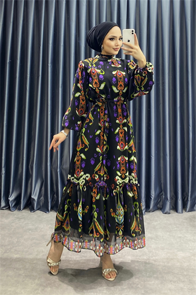 Desenli Şifon Elbise Siyah