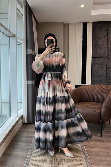 Desenli Şifon Elbise Siyah