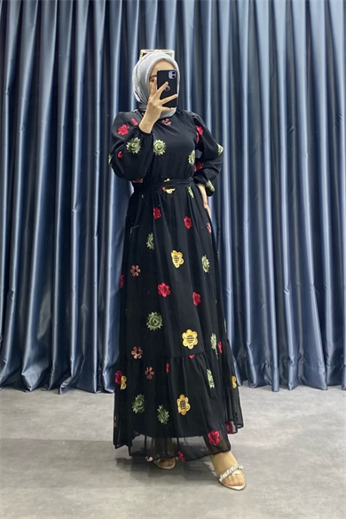 Desenli Şifon Elbise Siyah