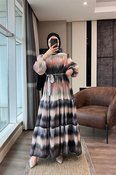 Desenli Şifon Elbise Siyah