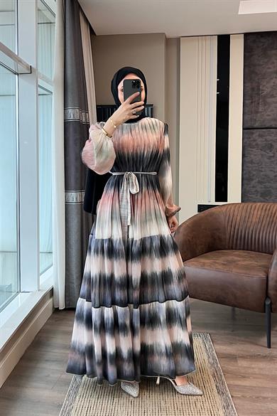 Desenli Şifon Elbise Siyah