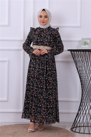 Desenli Şifon Elbise Siyah