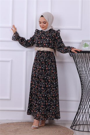 Desenli Şifon Elbise Siyah