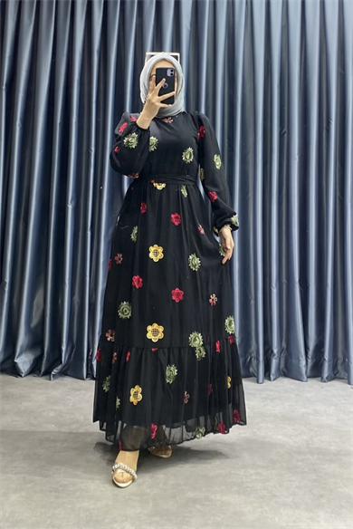 Desenli Şifon Elbise Siyah