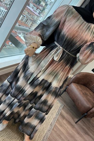 Desenli Şifon Elbise Siyah