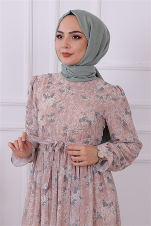 Desenli Şifon Elbise Taş