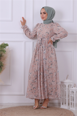 Desenli Şifon Elbise Taş