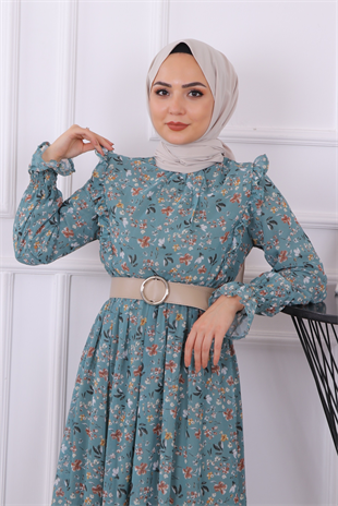 Desenli Şifon Elbise Yeşil