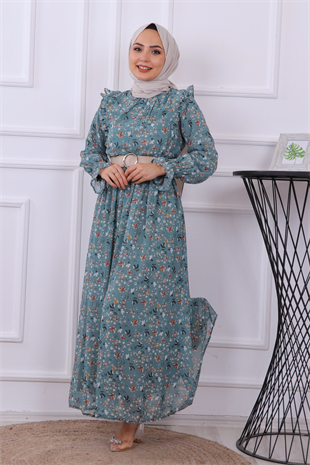 Desenli Şifon Elbise Yeşil