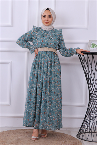 Desenli Şifon Elbise Yeşil