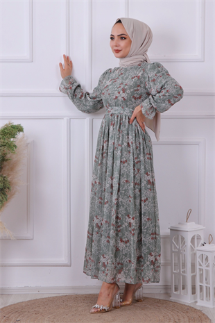 Desenli Şifon Elbise Yeşil