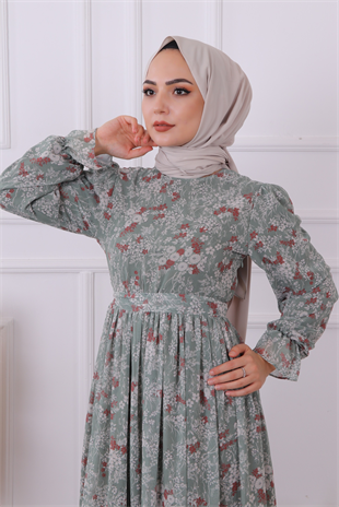 Desenli Şifon Elbise Yeşil