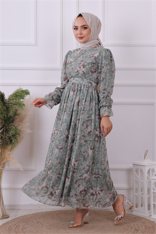 Desenli Şifon Elbise Yeşil