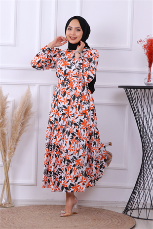 Desenli Siyah-Turuncu Elbise