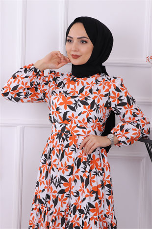 Desenli Siyah-Turuncu Elbise