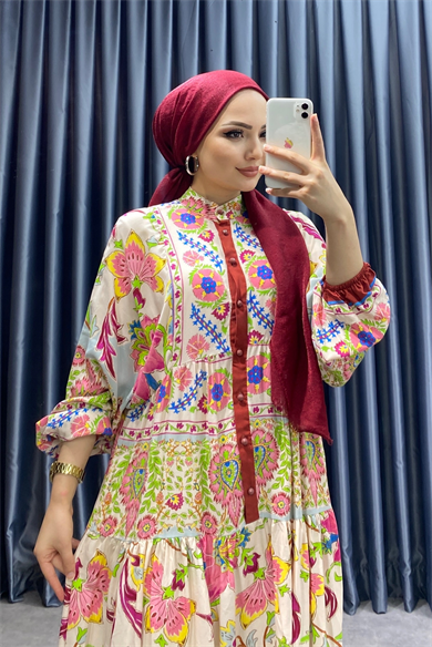 Desenli Viskon Elbise Bordo