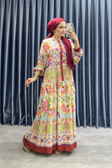 Desenli Viskon Elbise Bordo