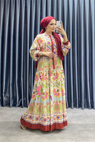 Desenli Viskon Elbise Bordo