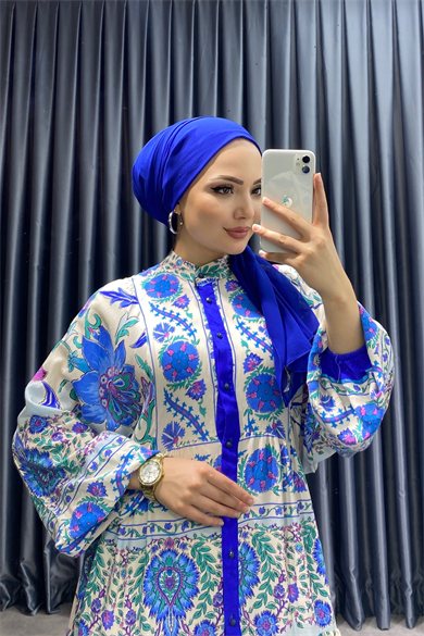 Desenli Viskon Elbise Mavi