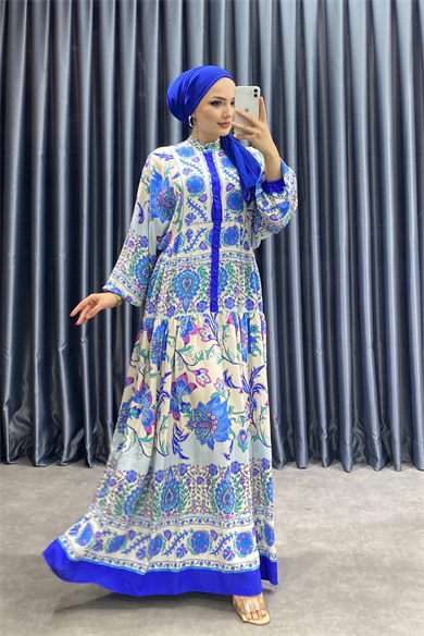 Desenli Viskon Elbise Mavi