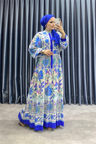 Desenli Viskon Elbise Mavi