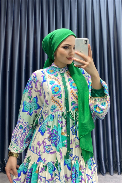 Desenli Viskon Elbise Yeşil