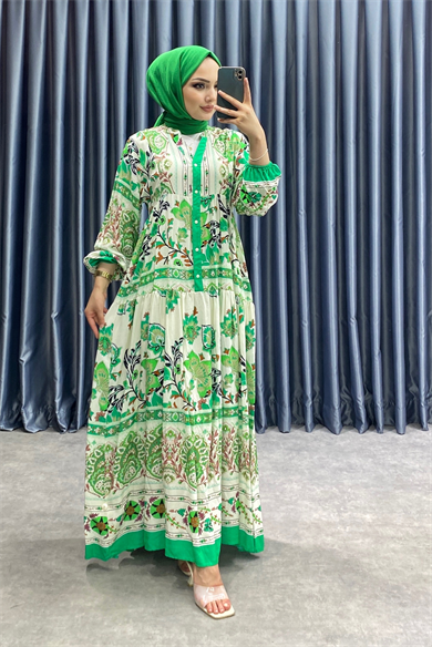 Desenli Viskon Elbise Yeşil