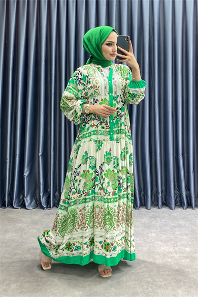 Desenli Viskon Elbise Yeşil